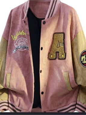 Varsity-Style Men's Pink and Olive Letterman Jacket